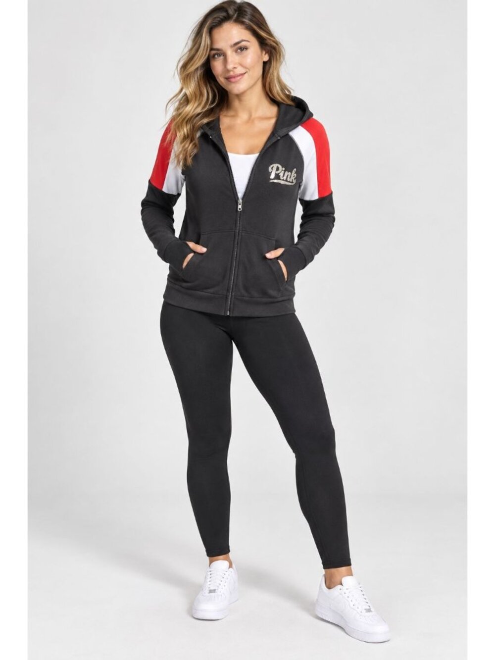 Victoria's Secret PINK full-zip hoodie sparkly sequin logo chest red white Sz M